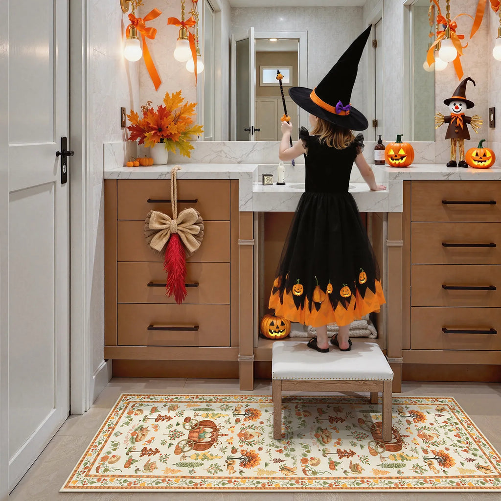 Violette Washable Halloween Pumpkin Yellow Rug