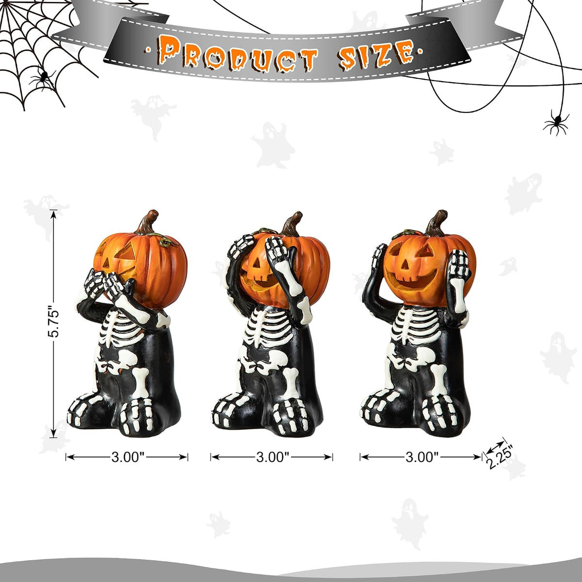 5.75" Jack-O'-Lantern Skull Figurine Statues | Collectible Halloween Decor (3-Pack)