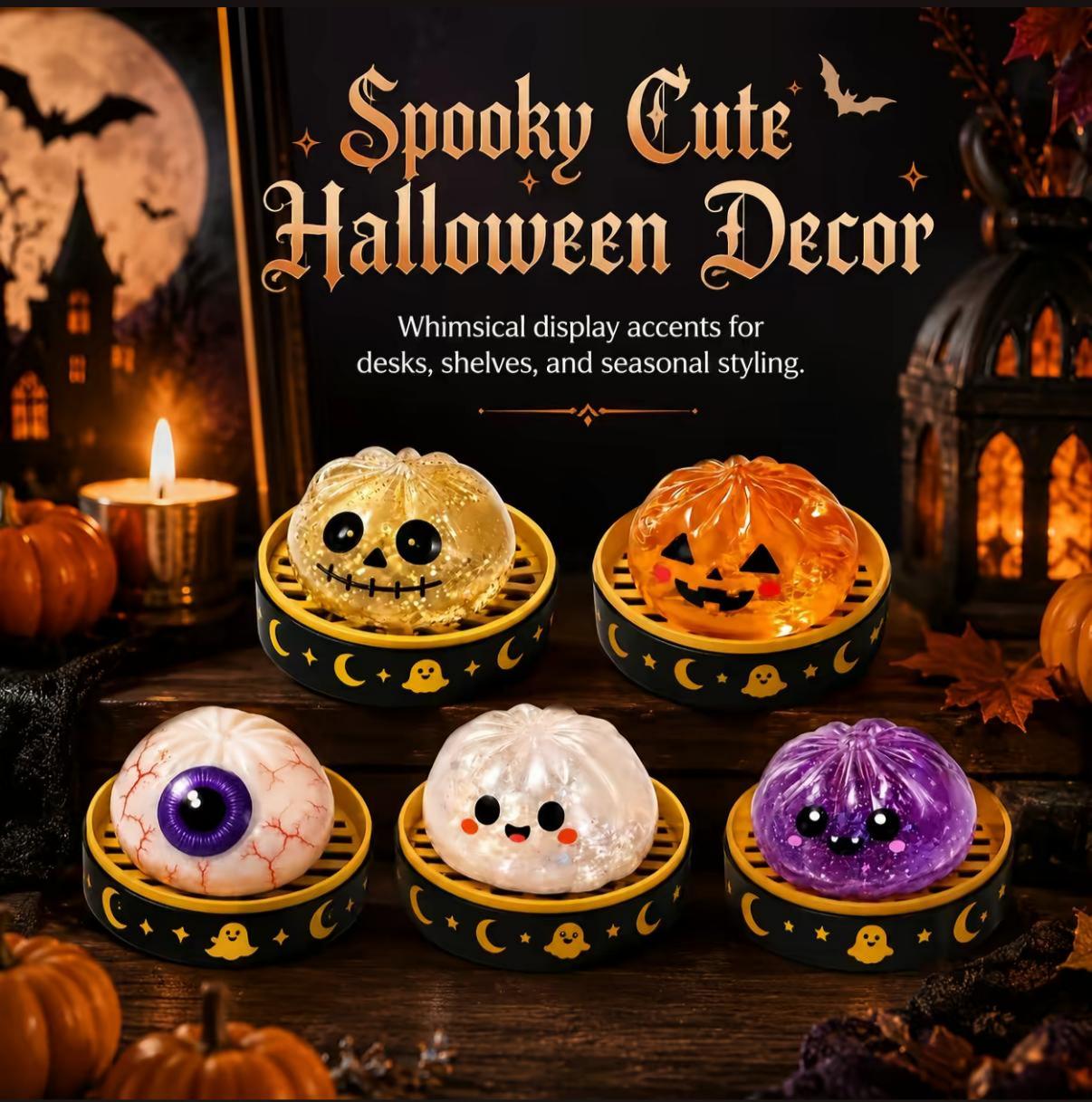 2026 Halloween Glitter Spooky Dumpling Squishy Stress Ball with Steamer Base