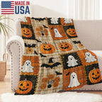 Vintage Plaid Pumpkin Ghost Bat Patchwork Halloween Flannel Throw Blanket