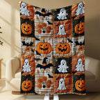 Vintage Plaid Pumpkin Ghost Bat Patchwork Halloween Flannel Throw Blanket