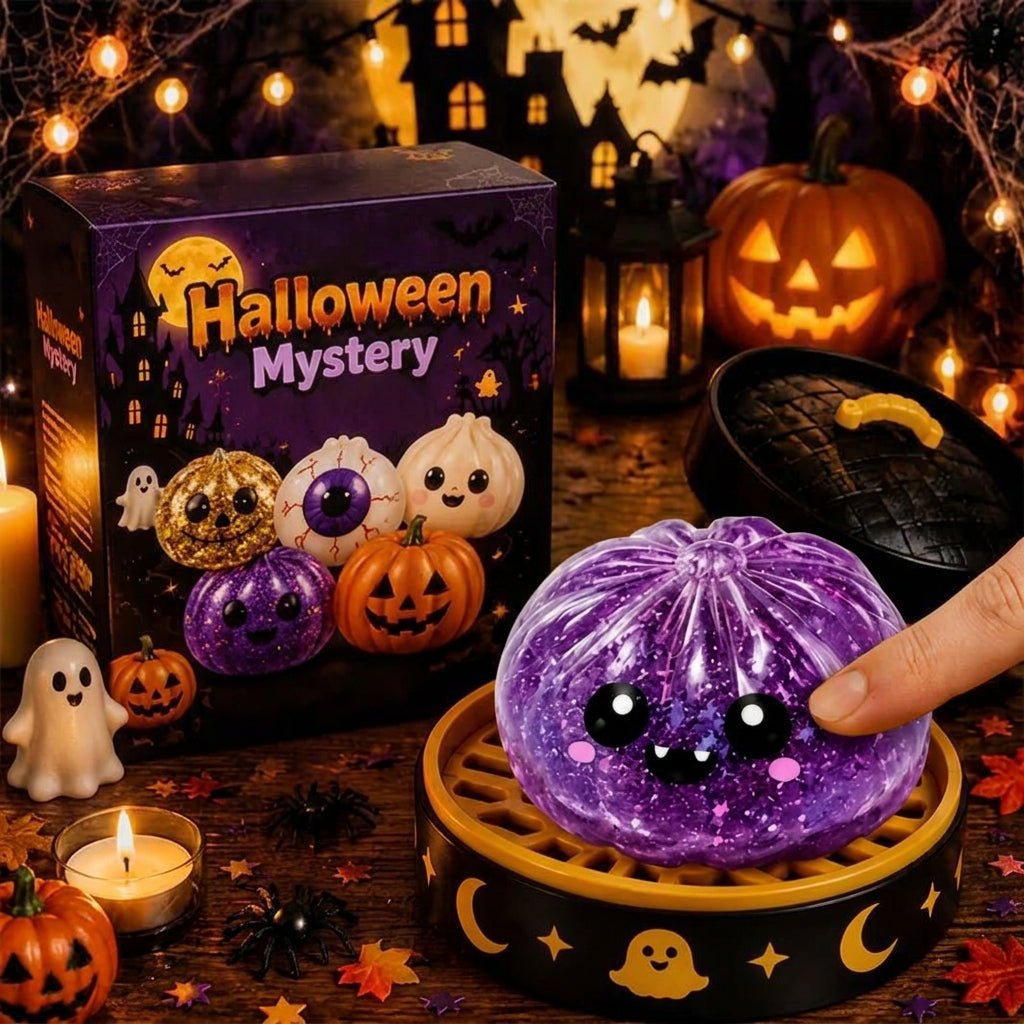 2026 Halloween Glitter Spooky Dumpling Squishy Stress Ball with Steamer Base