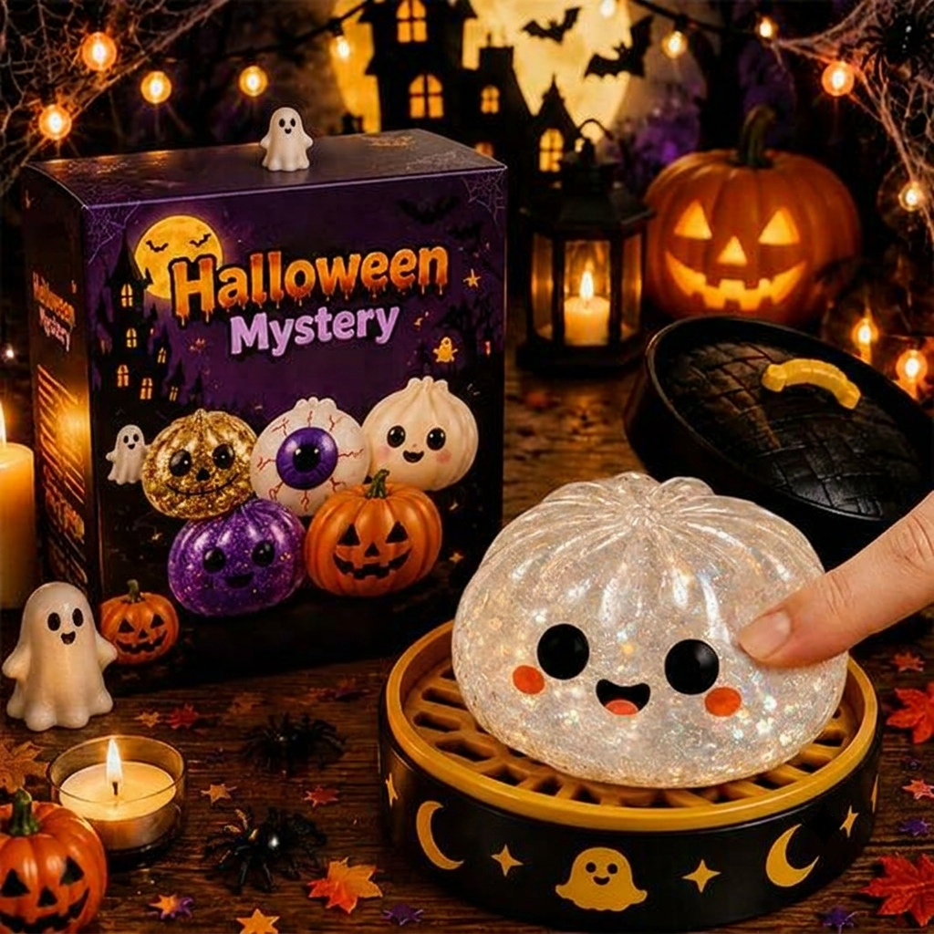 2026 Halloween Glitter Spooky Dumpling Squishy Stress Ball with Steamer Base