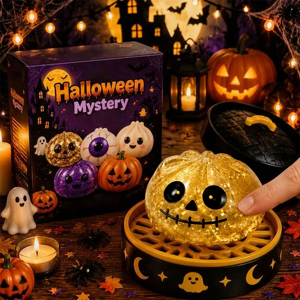 2026 Halloween Glitter Spooky Dumpling Squishy Stress Ball with Steamer Base